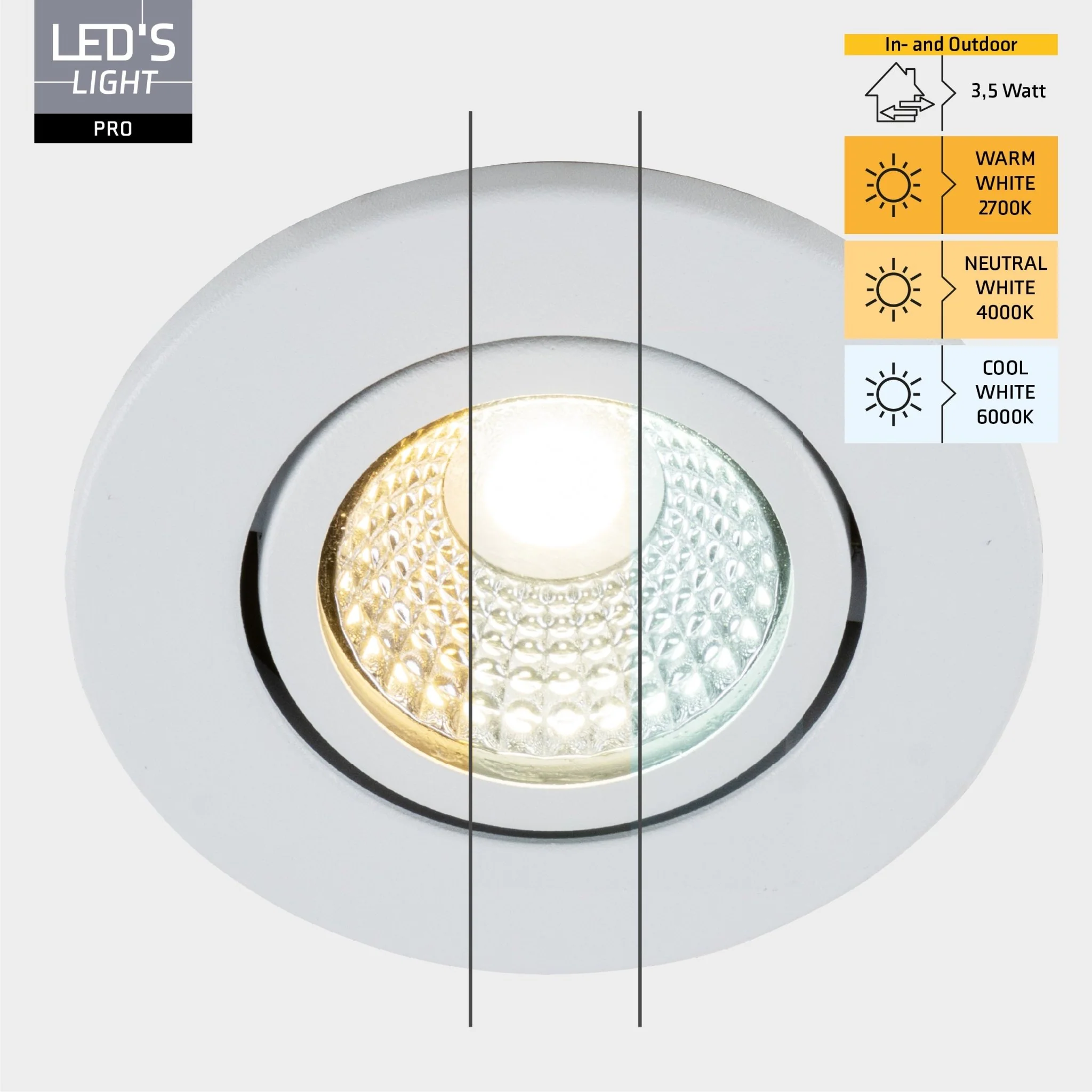 LED's Light PRO Inbouwspot 68 mm - Indoor & Outdoor - 3 lichtkleuren - Dimbaar licht - Wit - Image 2