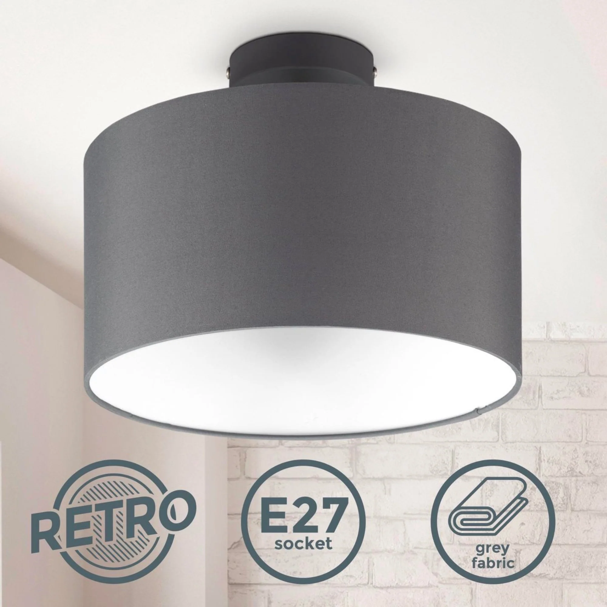 B.K.Licht - Decoratieve plafondlamp - Ø30cm - Grijs/wit - Metaal, hout en stof - Ronde plafonnière - E27 fitting - Excl. lichtbron - Image 2