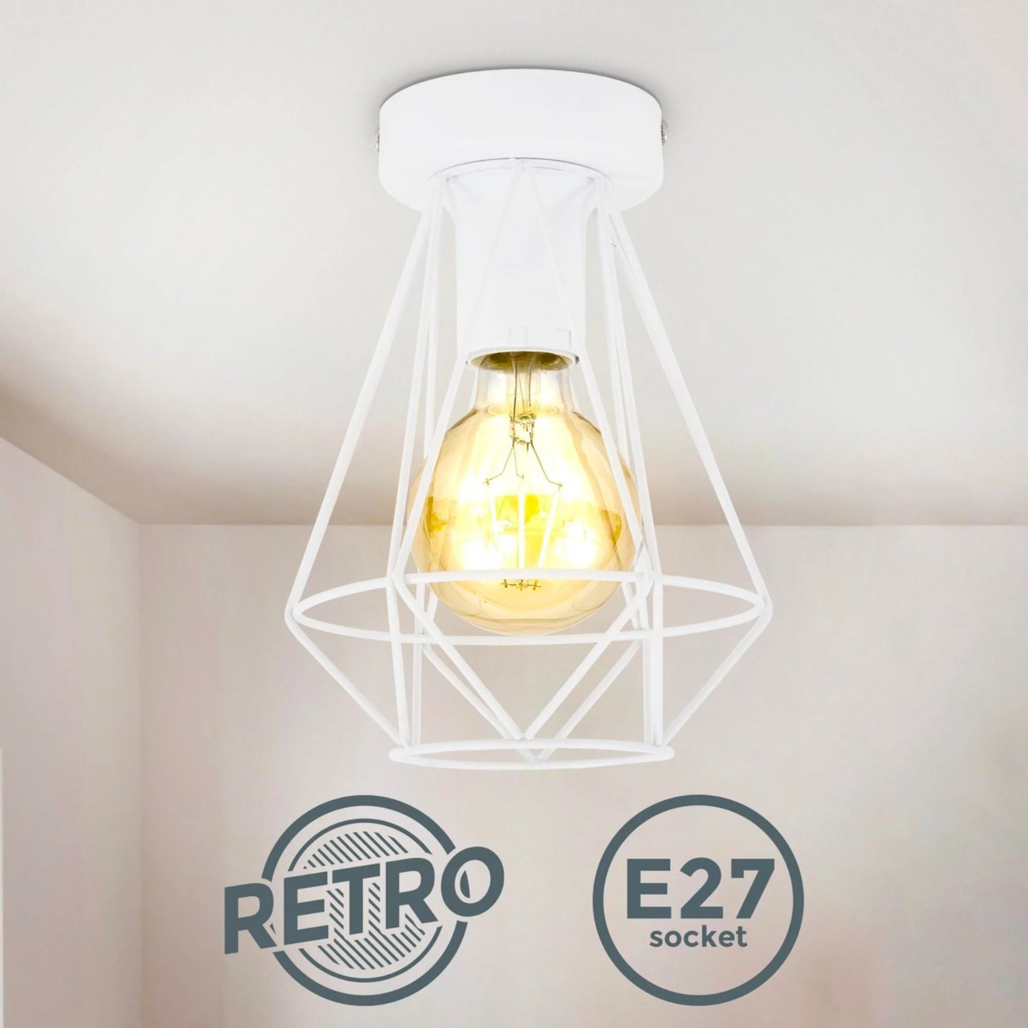 B.K.Licht - Decoratieve witte plafondlamp - Metaal - Industrieel - Draad - Ø16.5cm - Met E27 fitting - Excl. lichtbron - Image 2