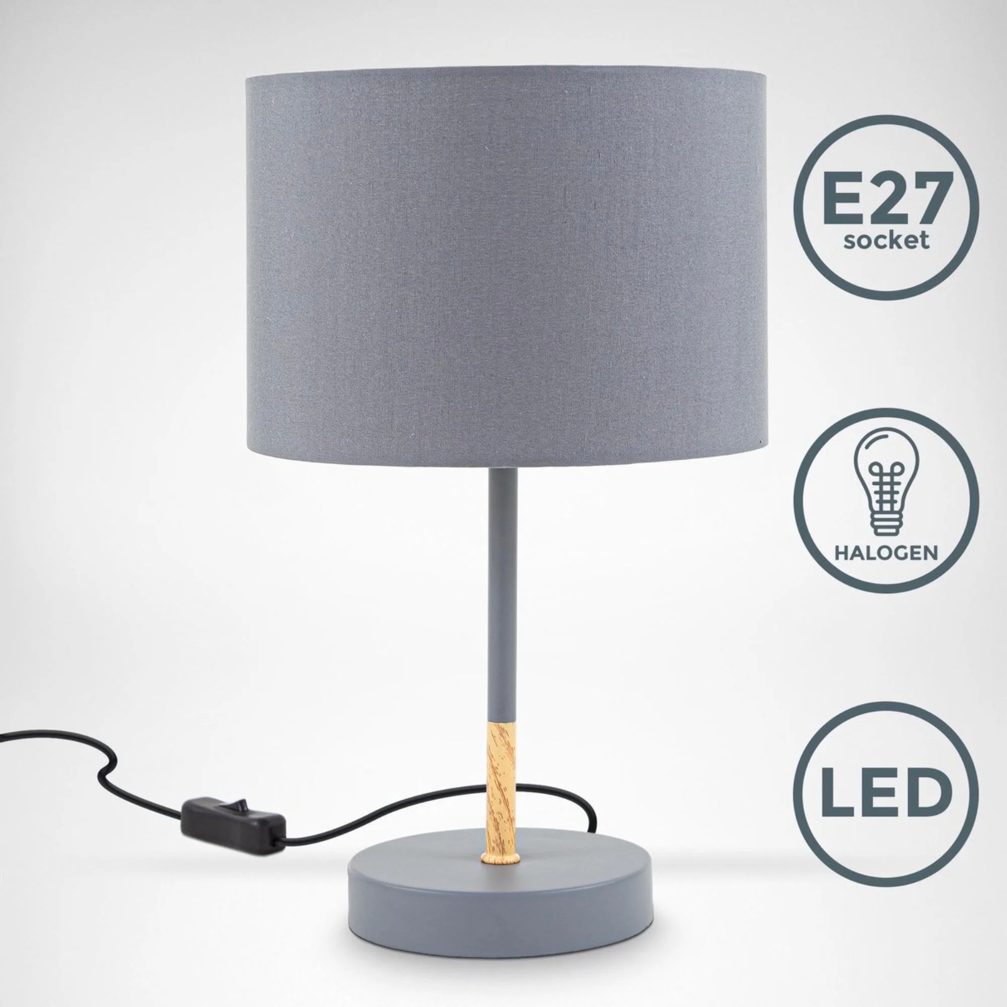 B.K.Licht - Grijze tafellamp - Metaal & stof - Met kap - Scandinavische bedlamp - Slaapkamer lamp - E27 fitting - Excl. lichtbron - Image 2