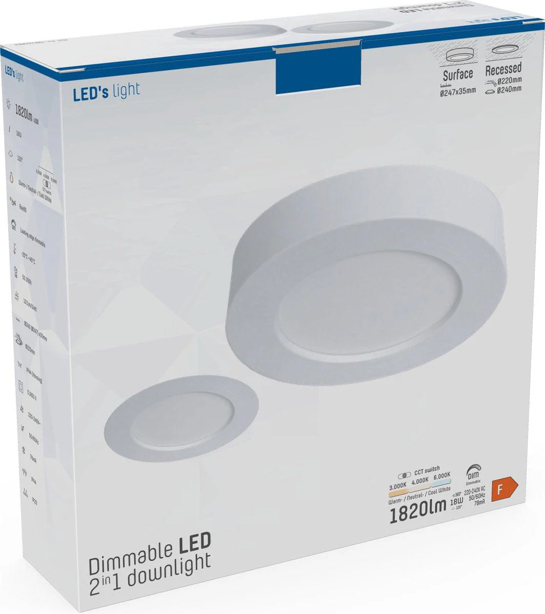 LED's Light Inbouw/Opbouw LED Plafondlamp Downlight - Dimbaar - 18W – 1820 lm – Ø240 mm – Zaagmaat Ø 220mm | CCT 3000K / 4000K / 6000K - Wit - Image 6