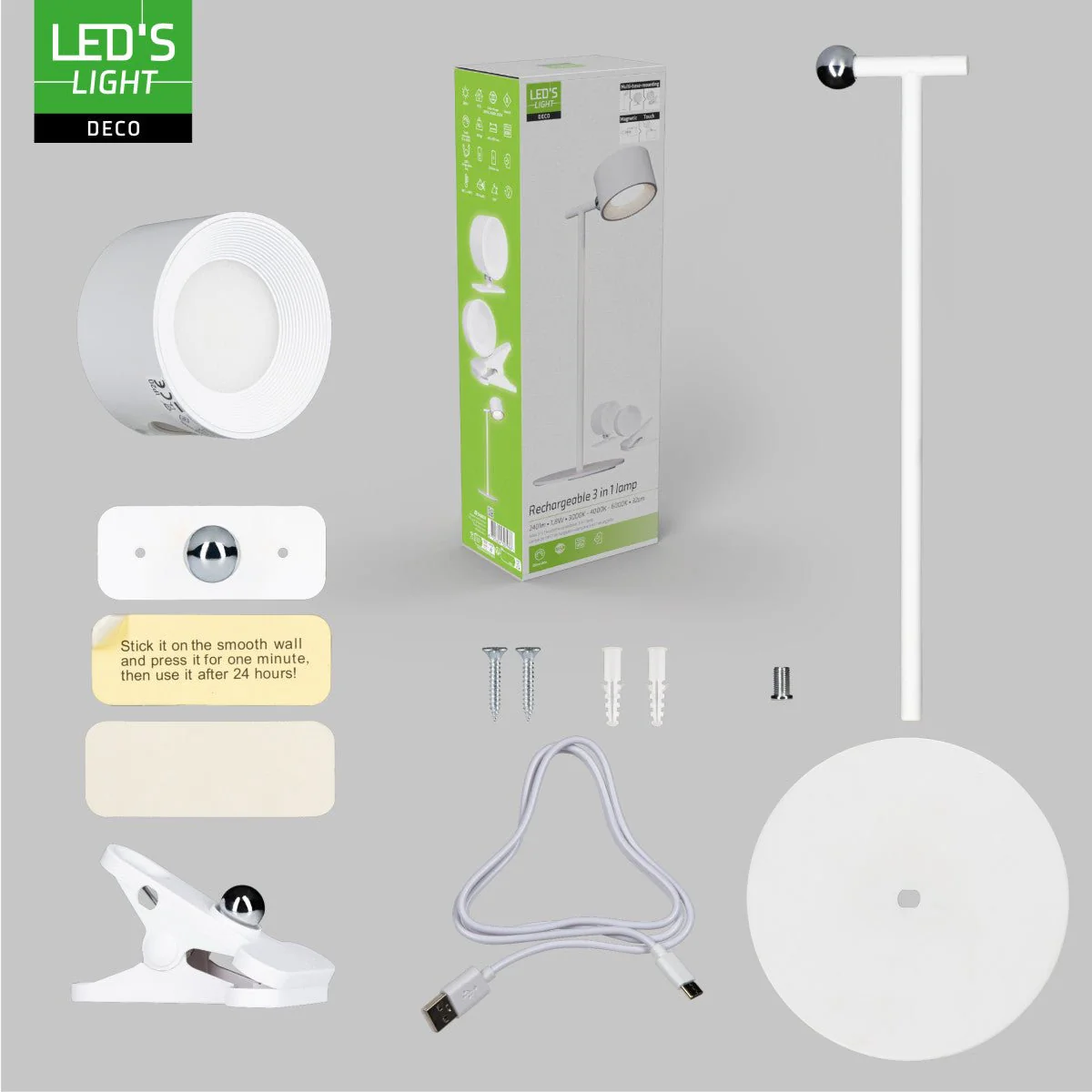 LED's Light 3-in-1 draadloze oplaadbare lamp met magnetische muurbeugel, voet en klem - Wit - Image 13
