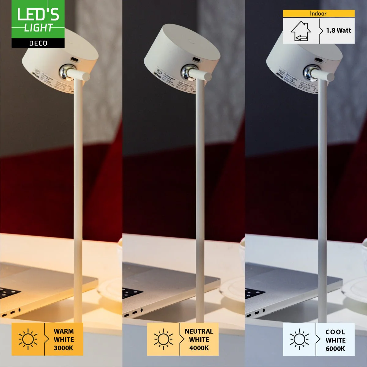 LED's Light 3-in-1 draadloze oplaadbare lamp met magnetische muurbeugel, voet en klem - Wit - Image 5