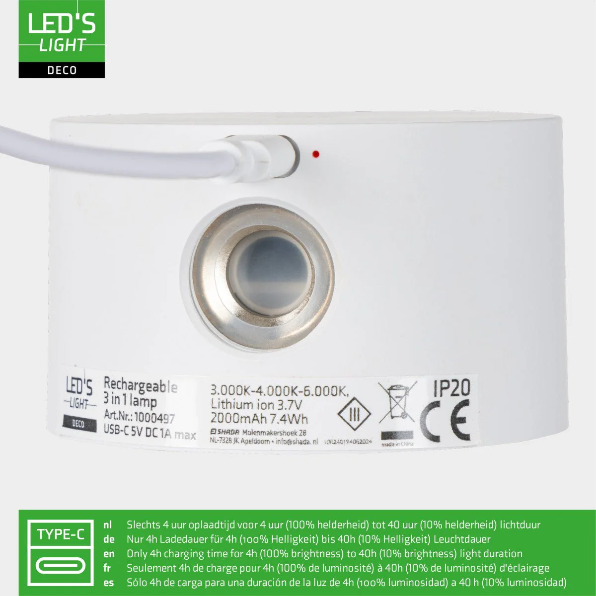 LED's Light 3-in-1 draadloze oplaadbare lamp met magnetische muurbeugel, voet en klem - Wit - Image 8