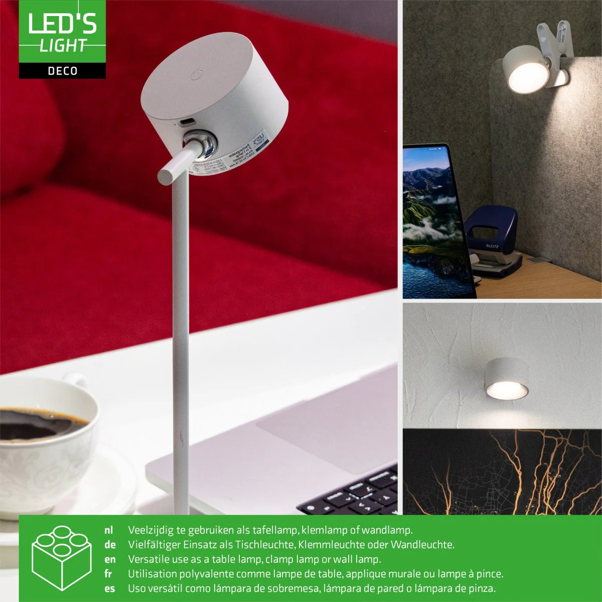 LED's Light 3-in-1 draadloze oplaadbare lamp met magnetische muurbeugel, voet en klem - Wit - Image 9