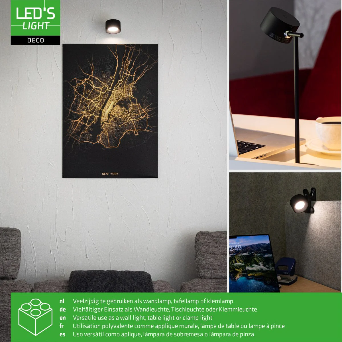 LED's Light 3-in-1 Draadloos Oplaadbaar Spotje - Tafellamp, Klemlamp & Wandlamp - Zwart - Image 10