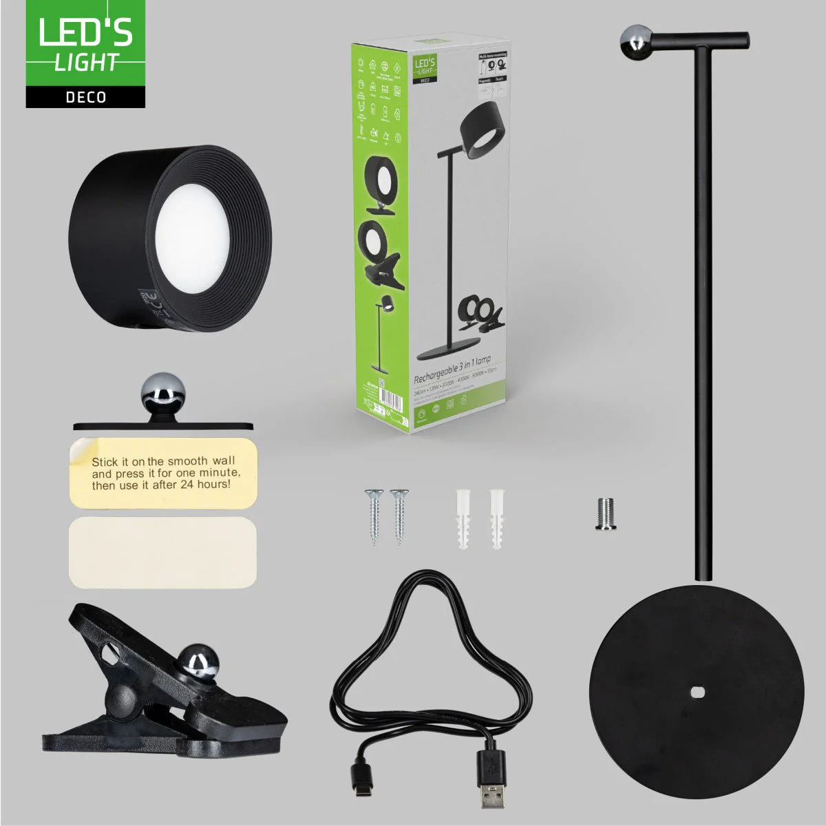 LED's Light 3-in-1 Draadloos Oplaadbaar Spotje - Tafellamp, Klemlamp & Wandlamp - Zwart - Image 13
