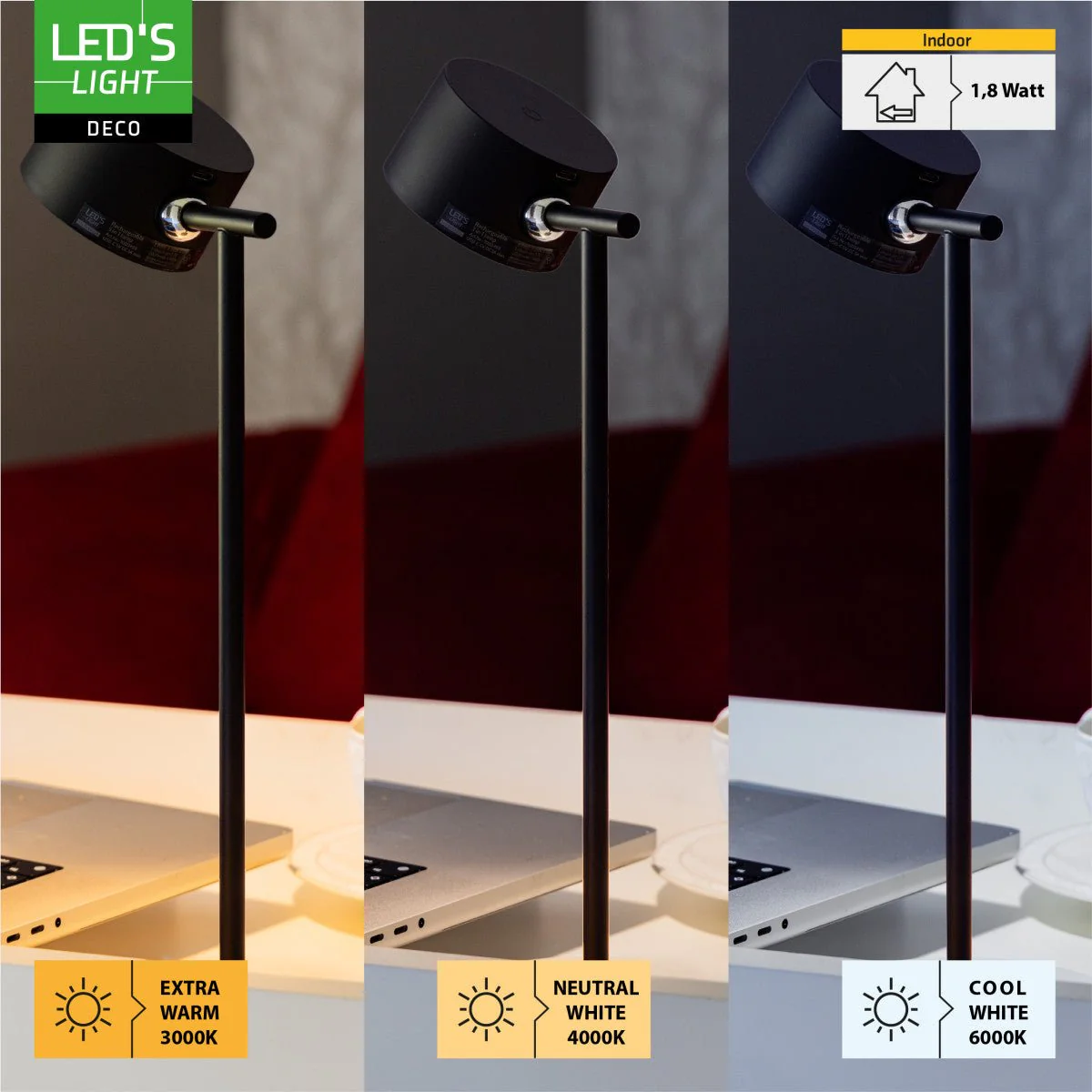LED's Light 3-in-1 Draadloos Oplaadbaar Spotje - Tafellamp, Klemlamp & Wandlamp - Zwart - Image 4