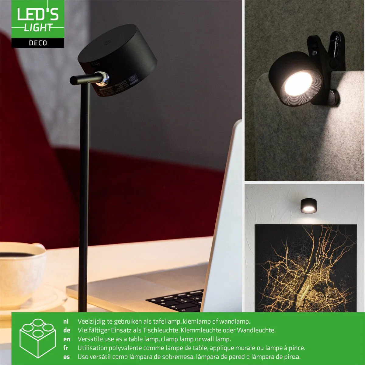 LED's Light 3-in-1 Draadloos Oplaadbaar Spotje - Tafellamp, Klemlamp & Wandlamp - Zwart - Image 9