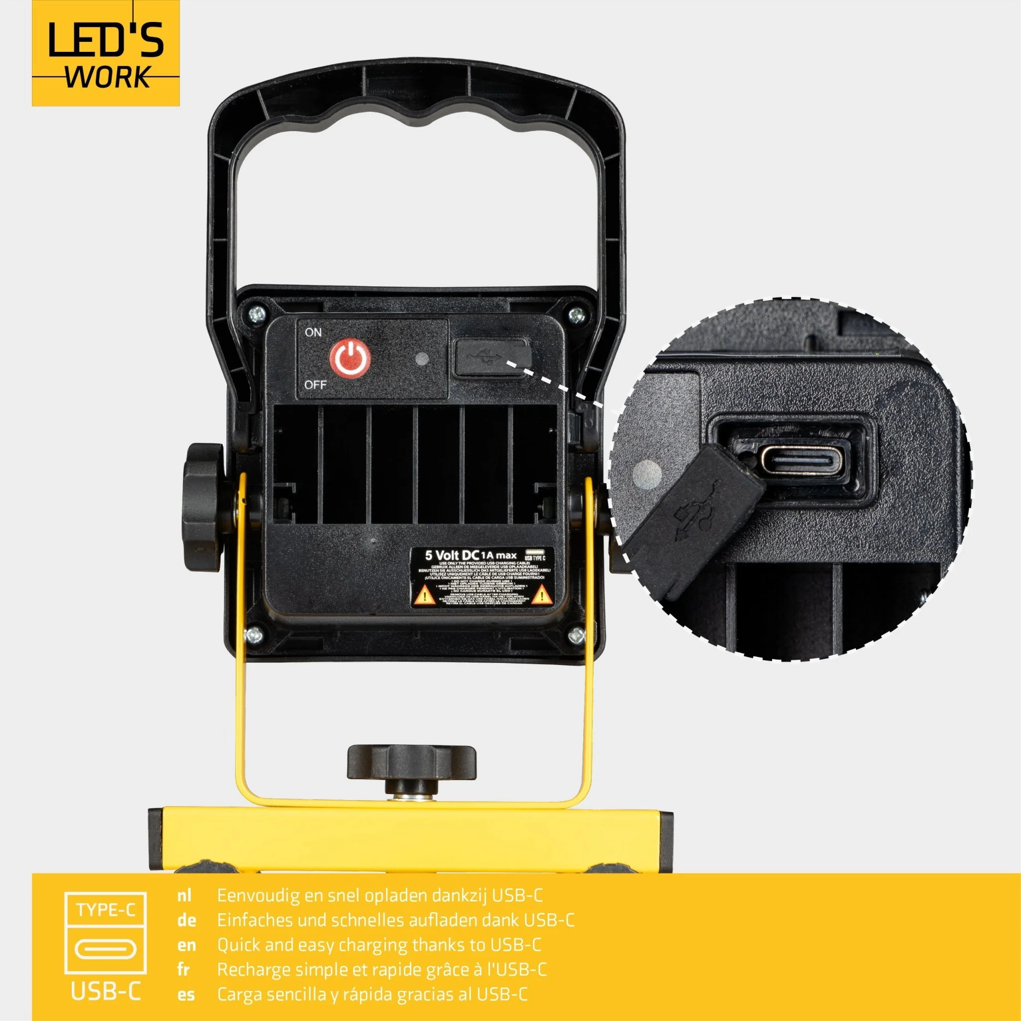LED's Work draadloze LED Werklamp op accu 1200lm - Oplaadbaar en kantelbaar - Zwart geel - Image 4