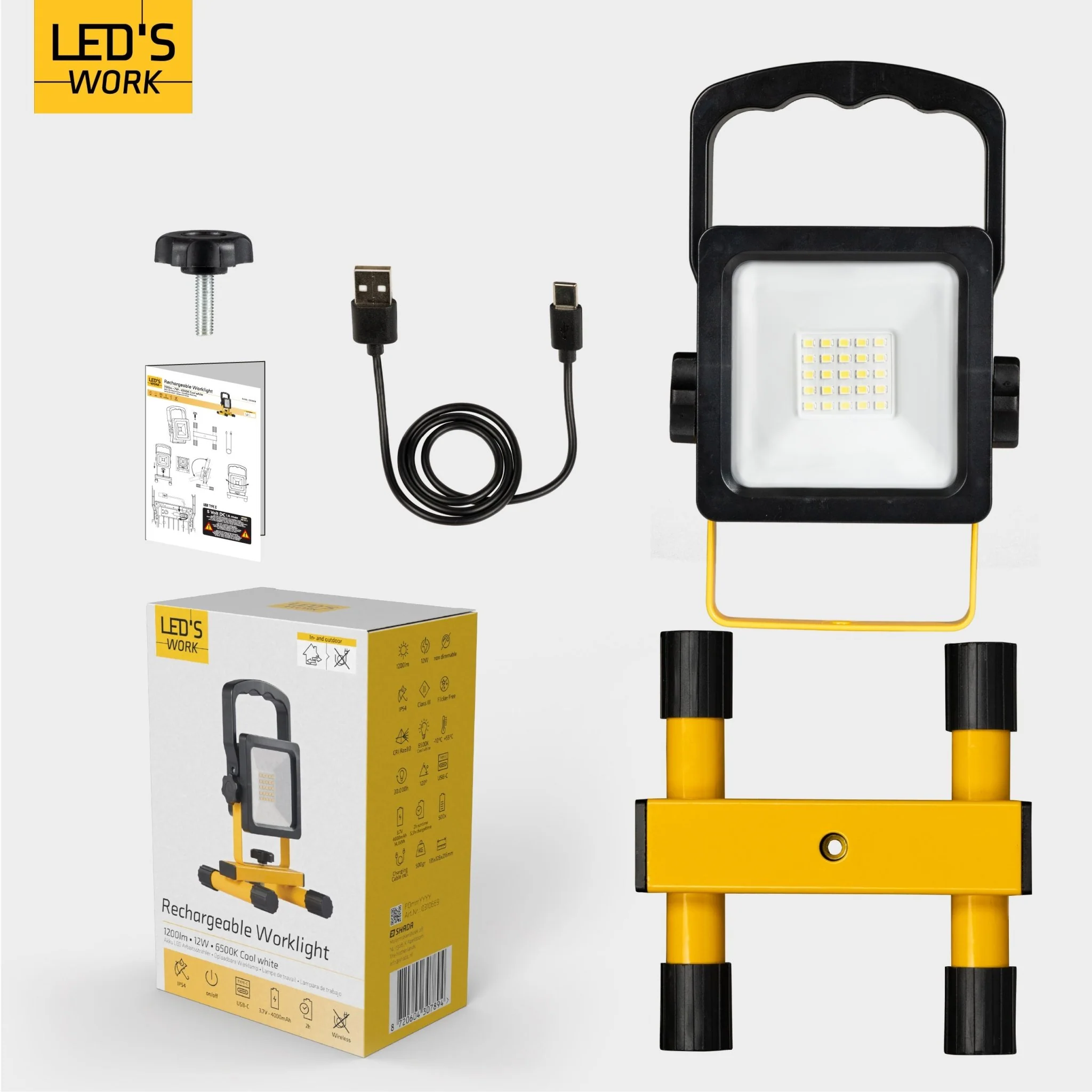 LED's Work draadloze LED Werklamp op accu 1200lm - Oplaadbaar en kantelbaar - Zwart geel - Image 6