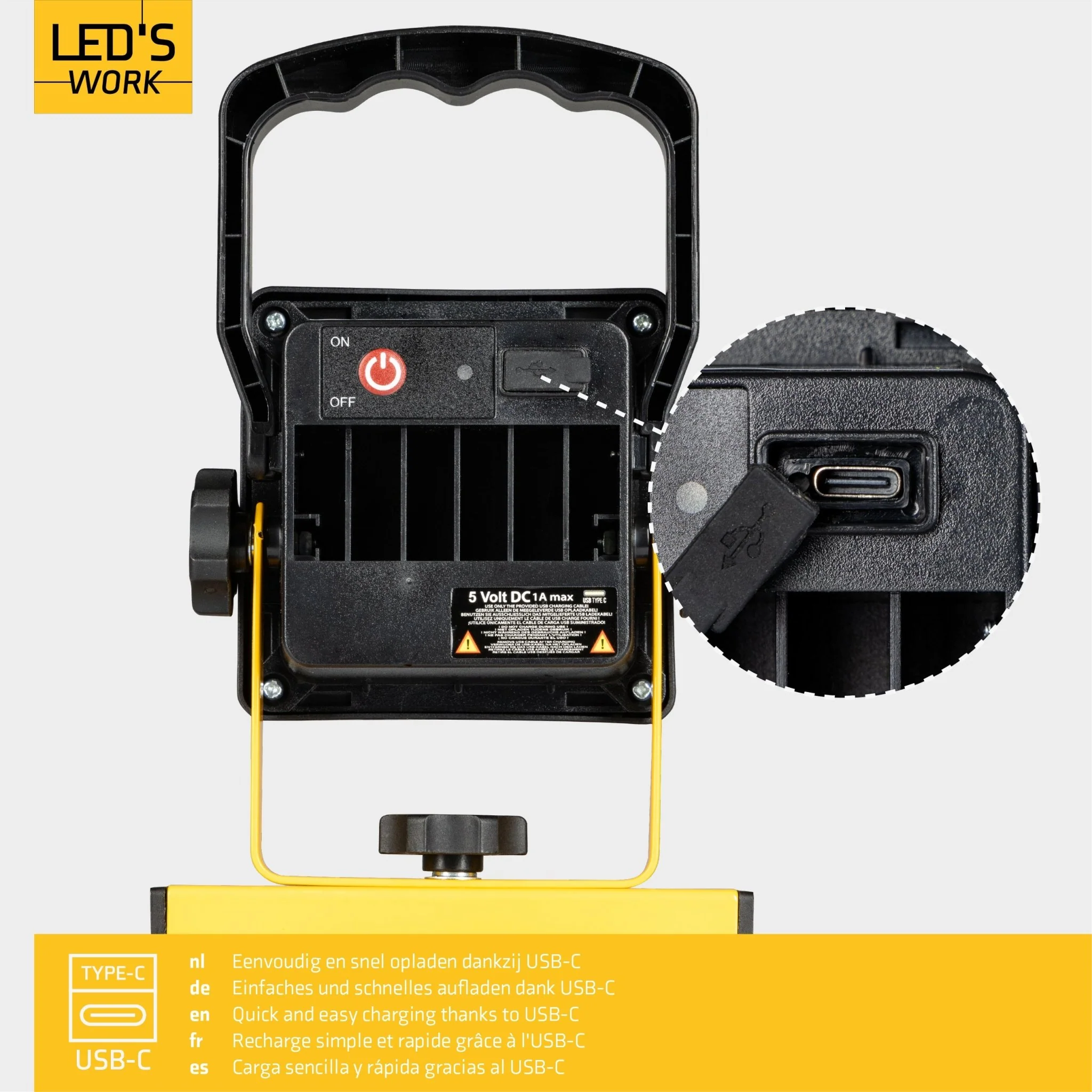LED's Work draadloze LED Werklamp op accu 700lm - Oplaadbaar en kantelbaar - Zwart geel - Image 3