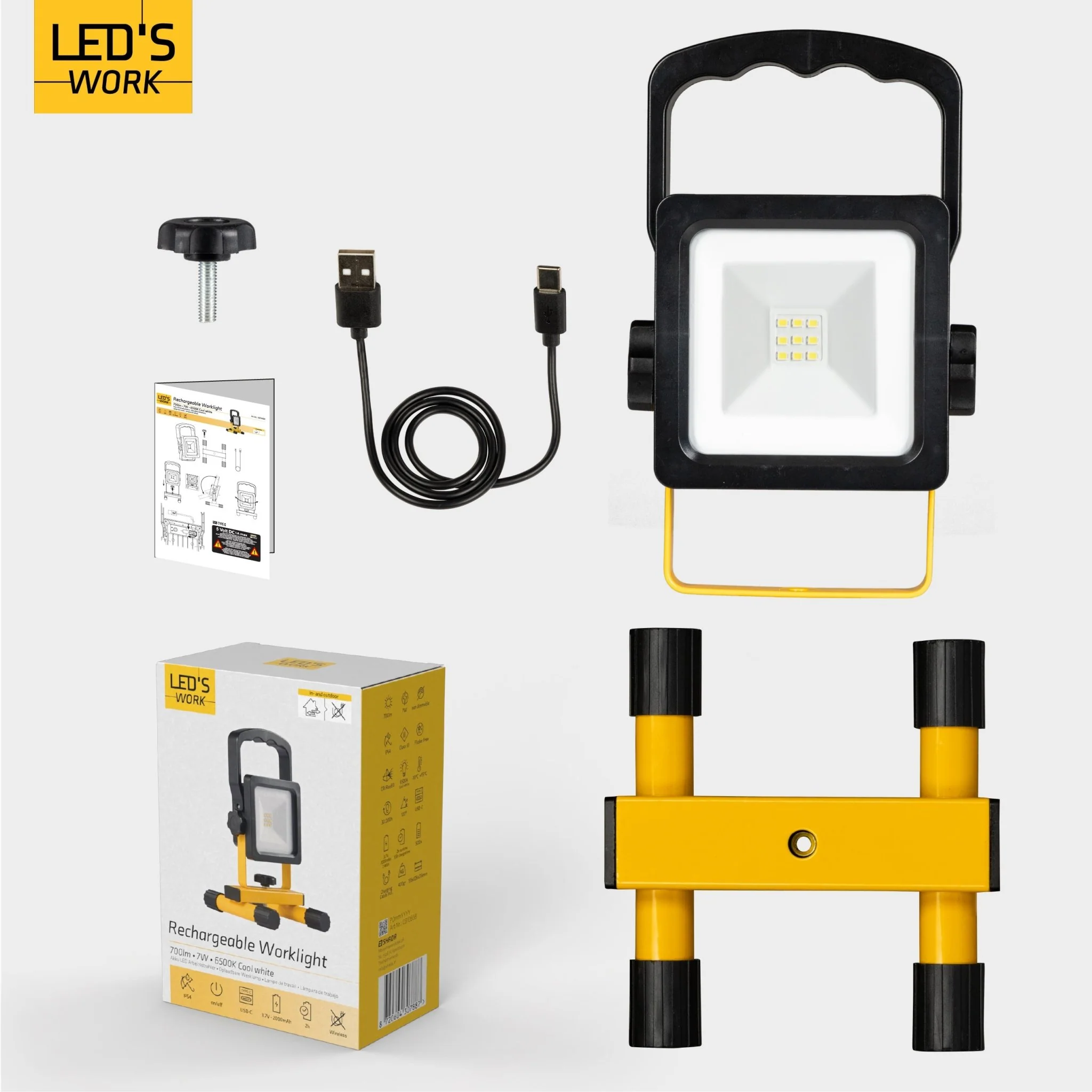 LED's Work draadloze LED Werklamp op accu 700lm - Oplaadbaar en kantelbaar - Zwart geel - Image 8
