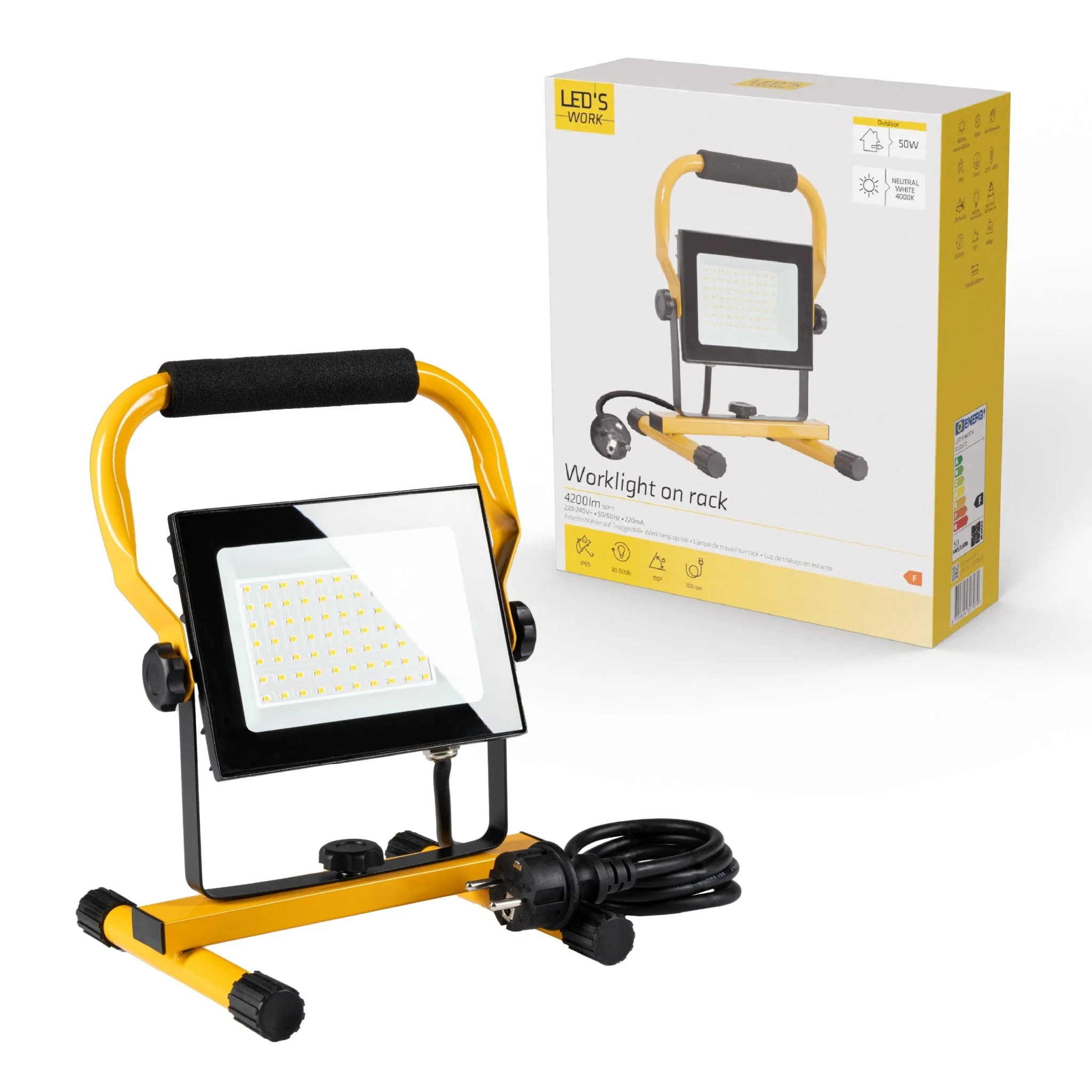 LED's Work 50W Bouwlamp Werklamp Bedraad 4900lm - Verstelbare beugel - Waterdicht (IP65) - Zwart geel - Image 2