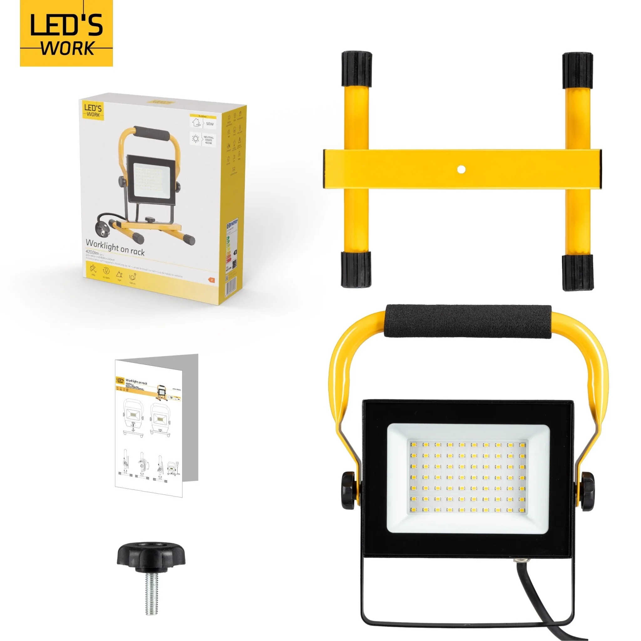 LED's Work 50W Bouwlamp Werklamp Bedraad 4900lm - Verstelbare beugel - Waterdicht (IP65) - Zwart geel - Image 6
