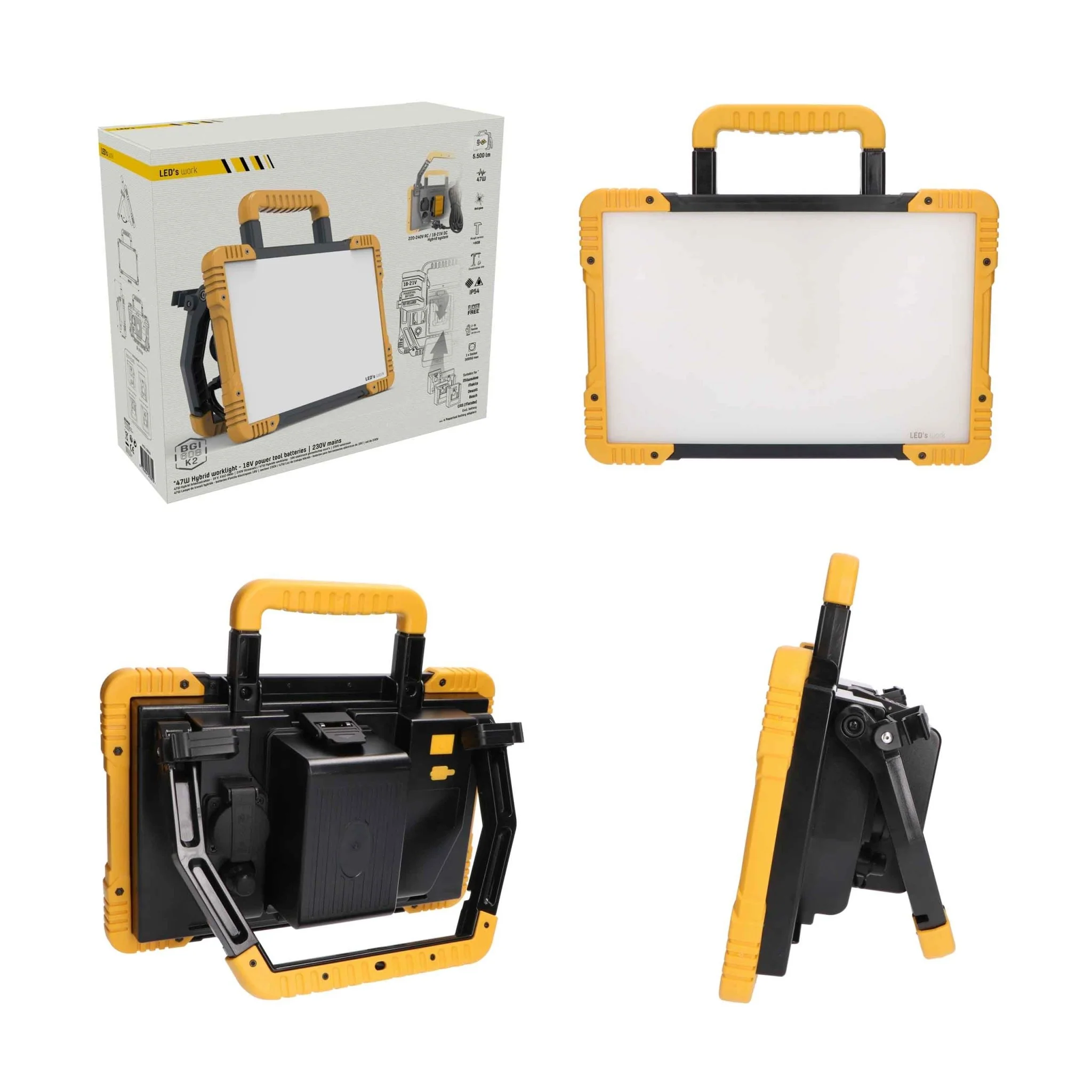 LED's Light 18V Hybride LED Bouwlamp 5500lm - Incl Adapters - Bedraad en draadloos te gebruiken – IP54 – Rough Service Tested – 47W - Image 12