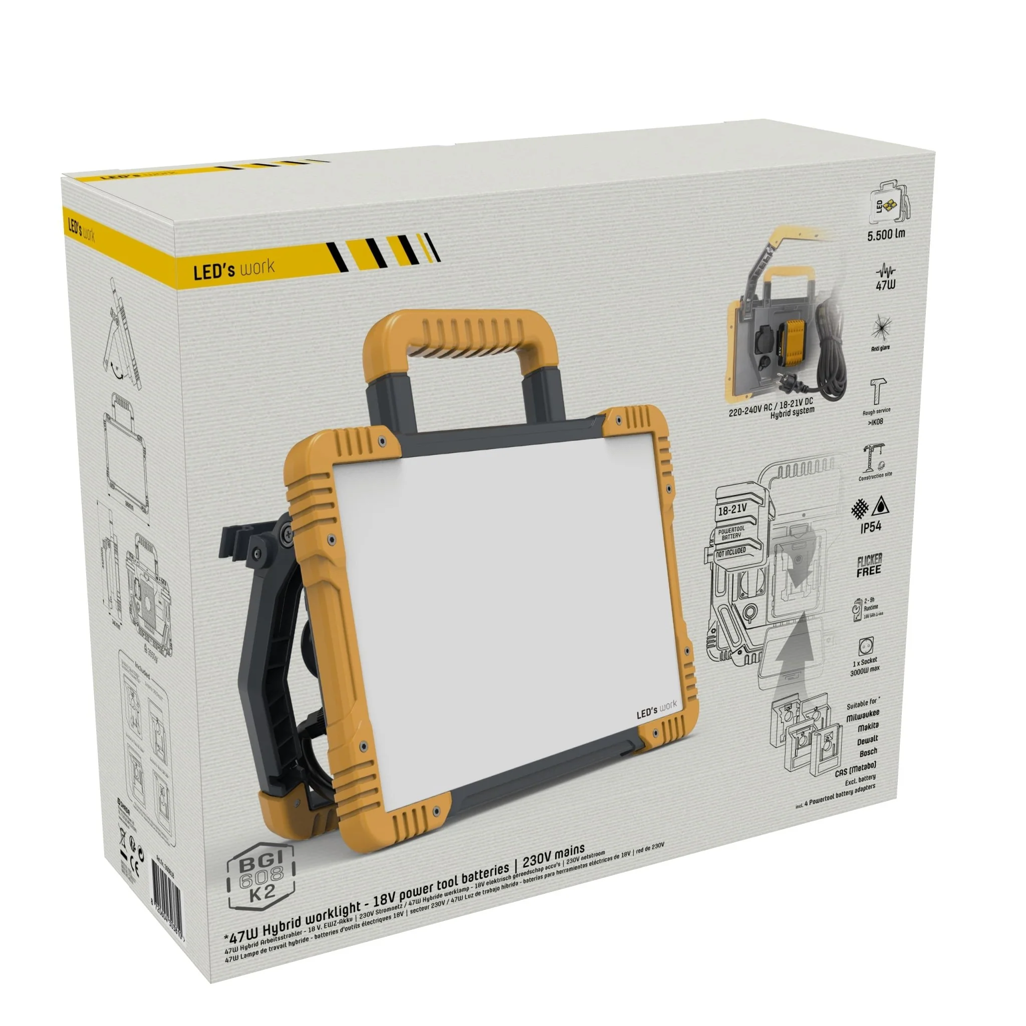 LED's Light 18V Hybride LED Bouwlamp 5500lm - Incl Adapters - Bedraad en draadloos te gebruiken – IP54 – Rough Service Tested – 47W - Image 19