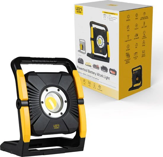 LED's Work 18V Acculamp Werklamp - Incl Adapters - LED Werklamp 5000lm – Klasse 3 • IP54 • IK08 • Dimbaar • Compatibel met Makita, Bosch, DeWalt & Metabo - Image 3