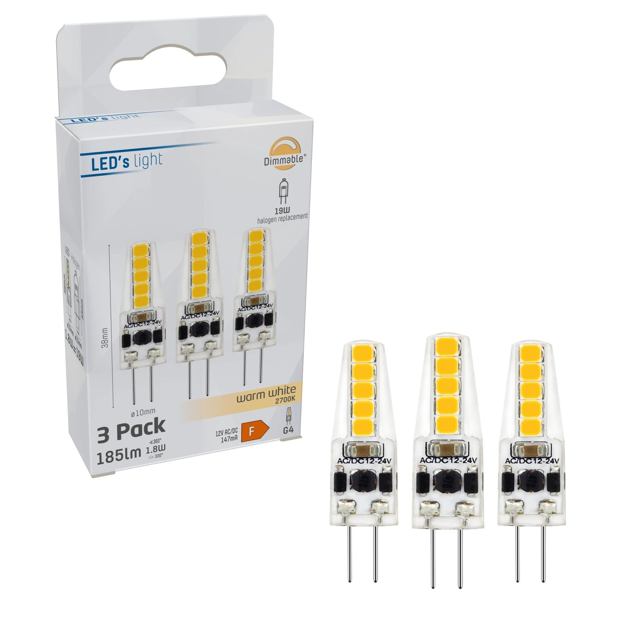 LongLife LED Steeklamp G4 - 12V - Dimbaar warm wit licht - 1.9W (20W) - 3 lampjes - Image 3