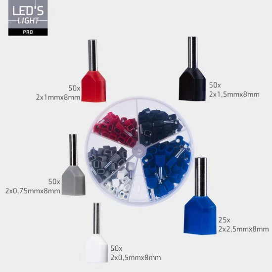Adereindhulzen assortiment set - 5 maten van 0.5mm² tot 2.5mm² -  dubbele draad hulzen - 225 Stuks - Image 4