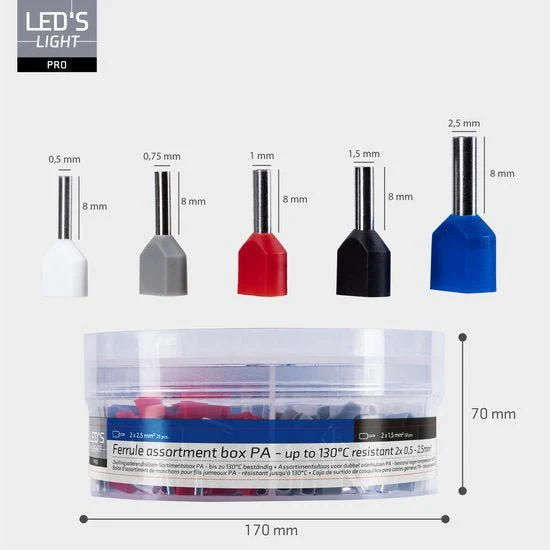 Adereindhulzen assortiment set - 5 maten van 0.5mm² tot 2.5mm² -  dubbele draad hulzen - 225 Stuks - Image 5