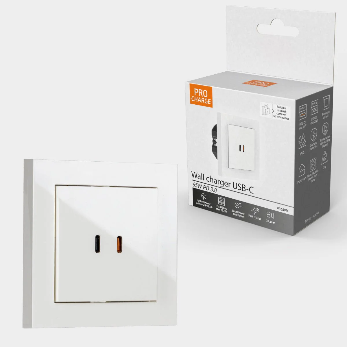 ProCharge USB-C inbouw wandcontactdoos stopcontact duo - 2 snelladers USB-C poorten - Universeel - Wit - Image 8