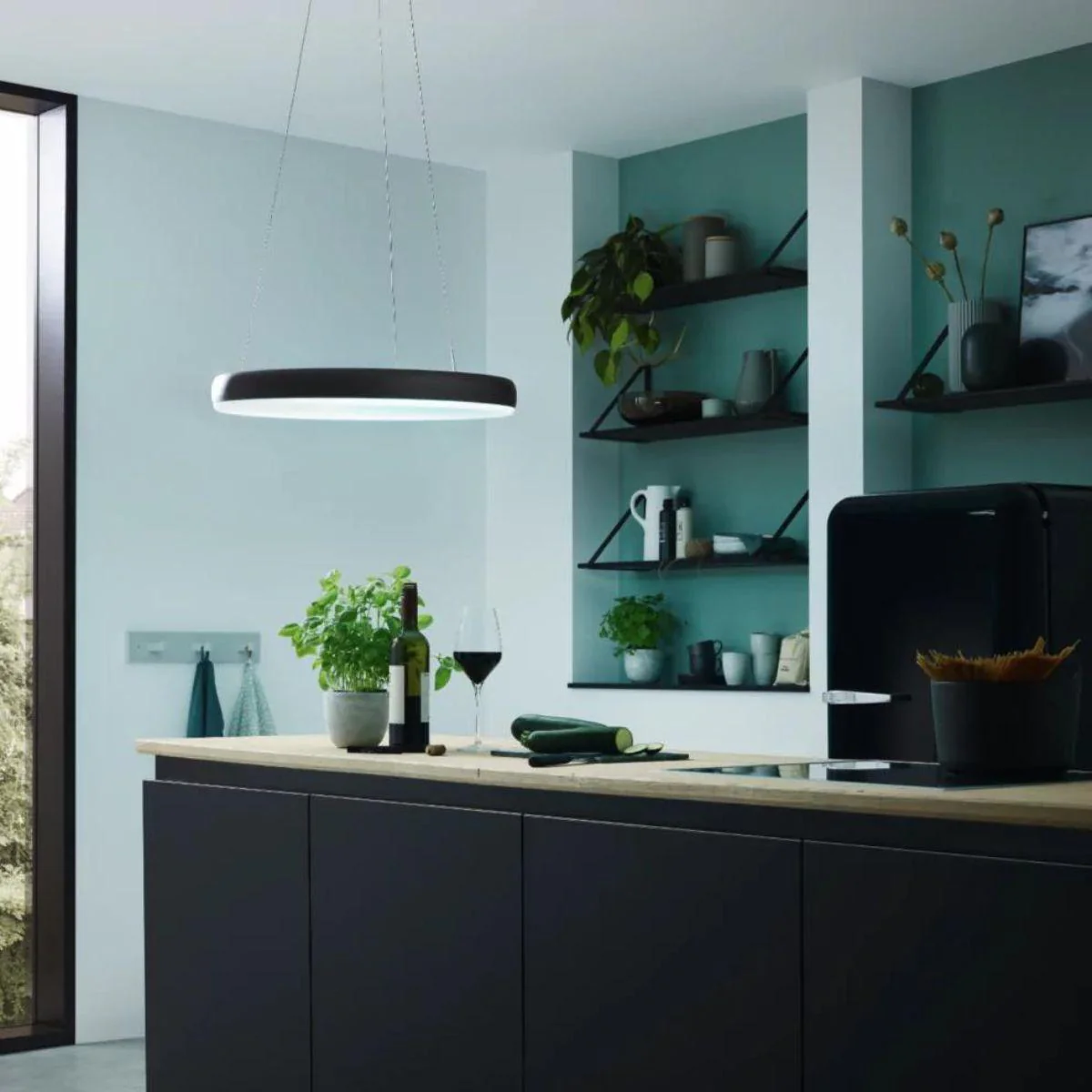 Smart LED Hanglamp ring 60 cm - Bedienbaar met afstandsbediening en app - White & Color - Zwart - Image 3