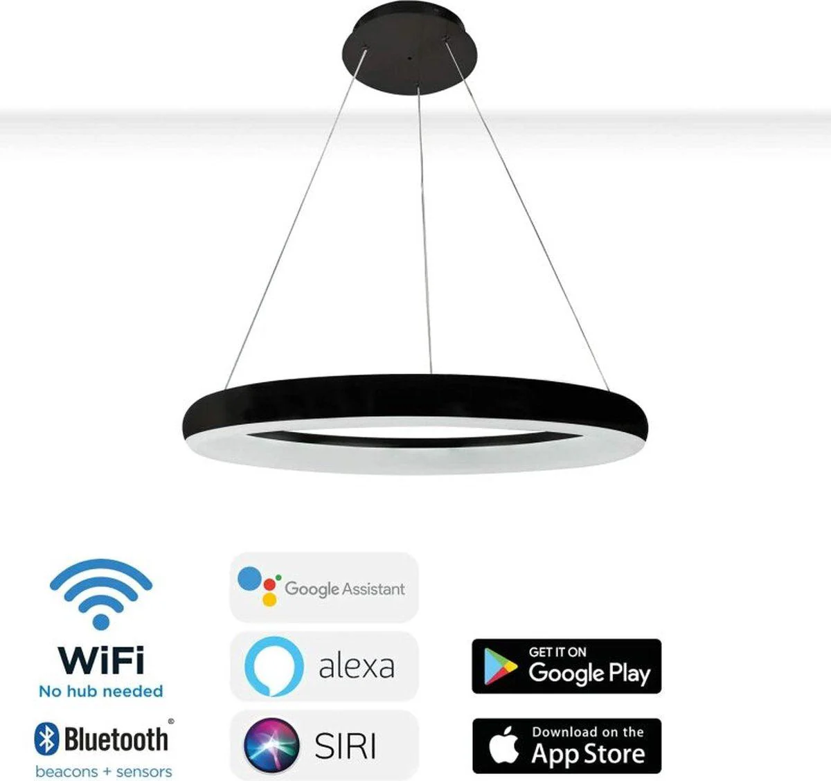 Smart LED Hanglamp ring 60 cm - Bedienbaar met afstandsbediening en app - White & Color - Zwart - Image 5